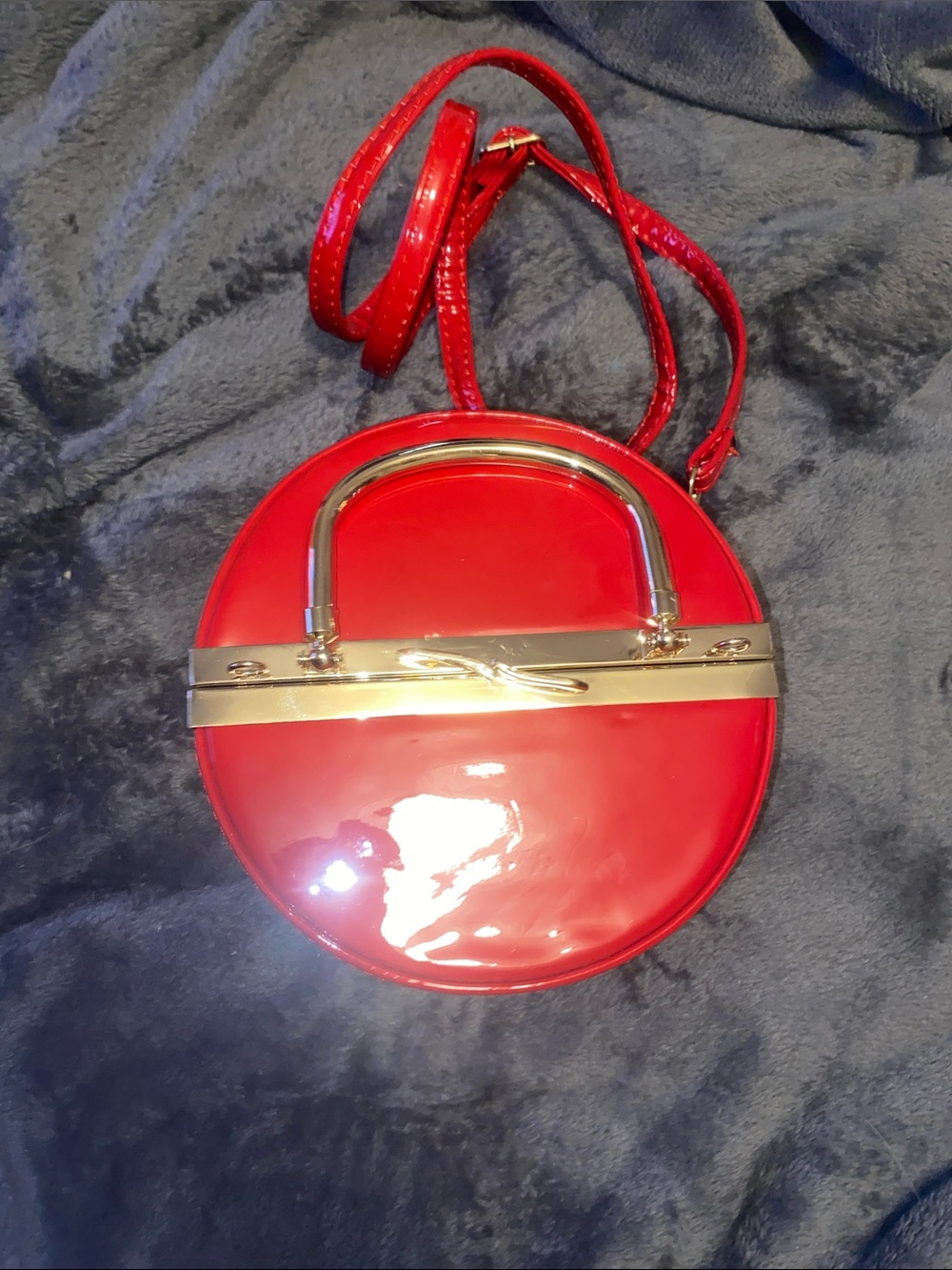 Red Patent Round Crossbody Bag with Gold Accent